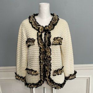 Michael Simon Cardigan Sweater Ruffle Trim Lace Cream Black Gold Hook Clasp L